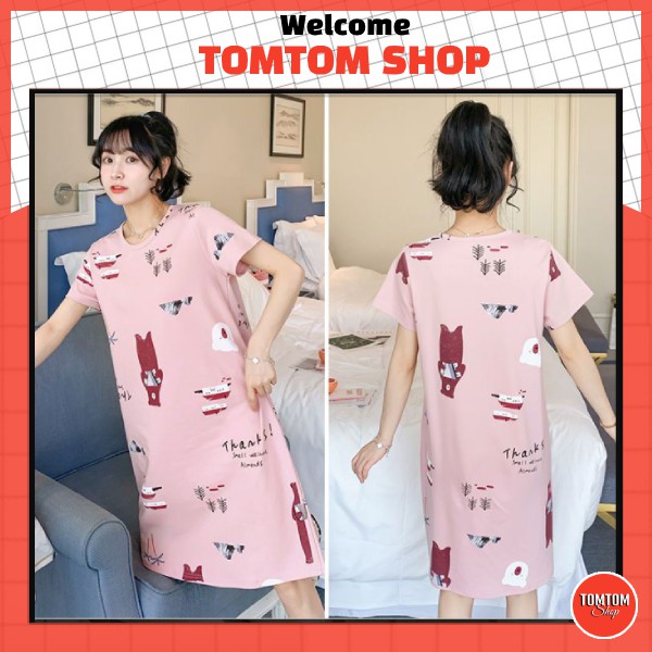 Váy ngủ cotton dáng suông cộc tay mềm mịn thoáng mát dễ thương VN-02 (GẤU THANKS) | BigBuy360 - bigbuy360.vn