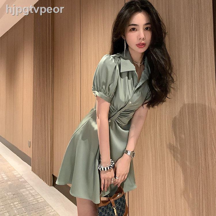 ▩◑Qiu Rouyao SIXONE Ngày thiếu nhi 2021 mới váy áo sơ mi sa tanh không đối xứng eo rừng nhỏ tươi mát