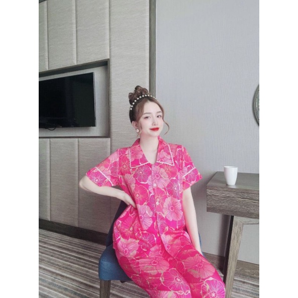 Pijama lụa cách tân, quần dài hoạ tiết xinh xắn