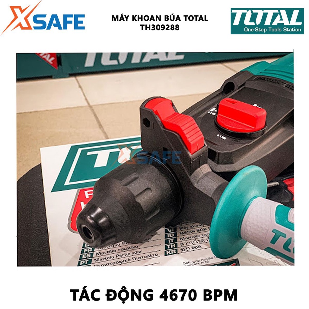 Máy khoan búa cầm tay 3 chức năng 950w TOTAL TH309288 đầu gài sds plus, tốc độ 1050rpm tốc độ búa 4670bpm, kèm mũi khoan