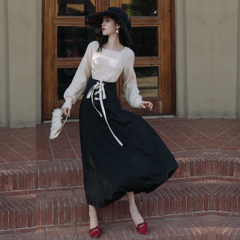 Set áo len + chân váy đen dài thắt dây vintage ulzzang hot hit