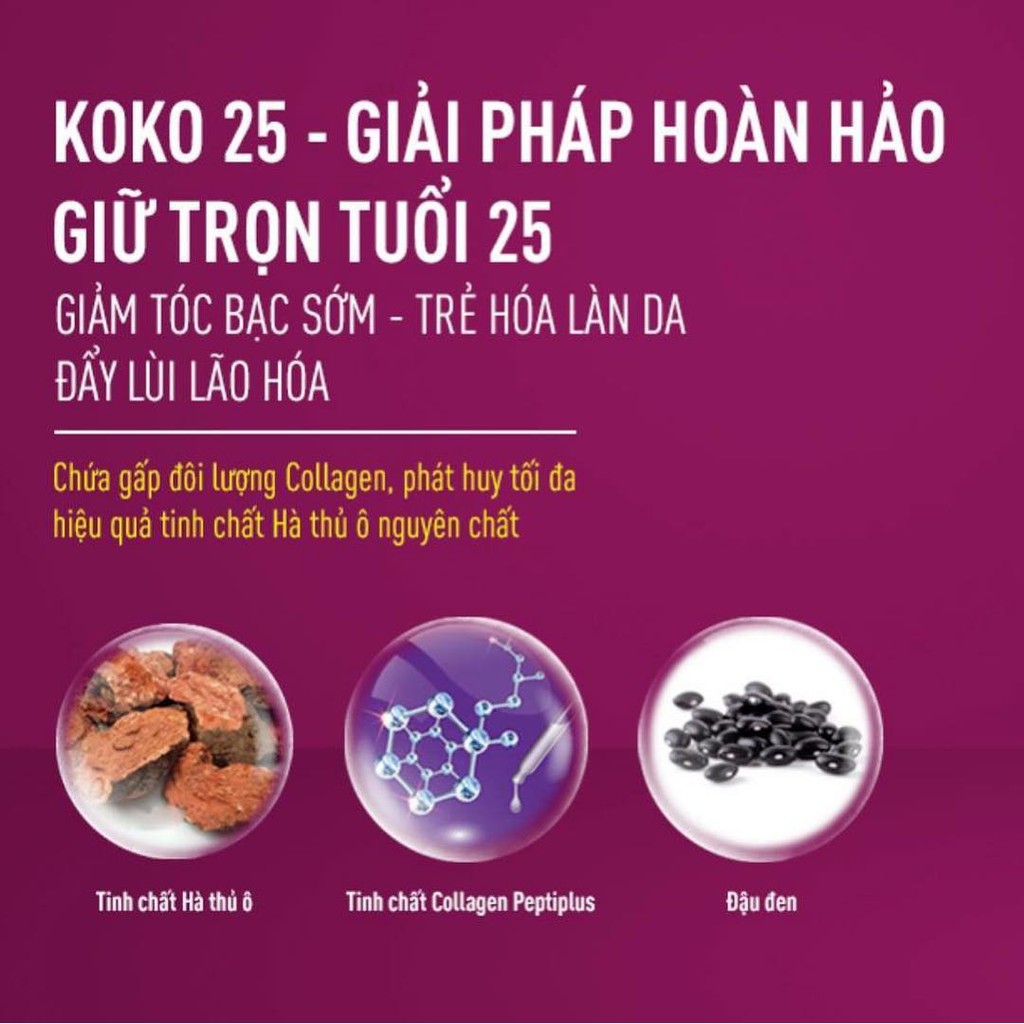Koko 25 - Cao uống Hà Thủ Ô & Đỗ Đen & Collagen dạng bột, Hộp 20 gói, giúp giảm tóc bạc, đẹp da, đẩy lùi lão hóa