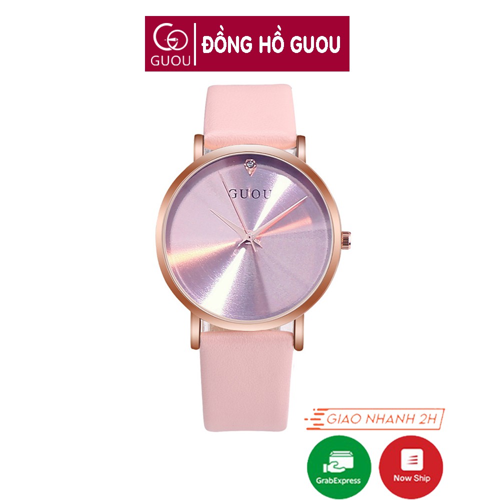 Đồng hồ đeo tay nữ chính hãng Guou dây da mặt vuông đẹp viền vàng chống nước 8171