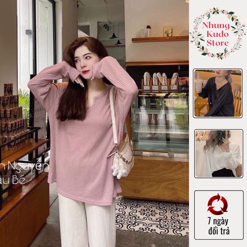 Áo chất tổ ong mỏng dài tay thu đông cổ xẻ V 4 màu hồng trắng đen xanh nhẹ nhàng ullzang Nhungkudo