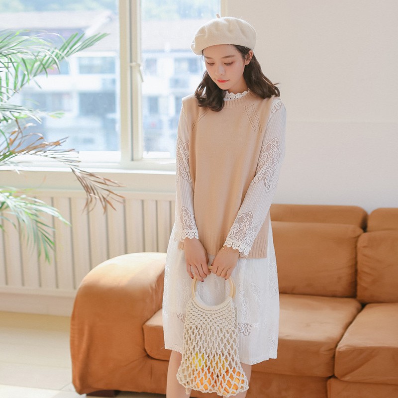 [Sẵn] Set váy ren trắng áo gile len