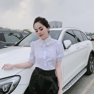 Sơ mi trắng nữ vải thô pha thun cổ ren