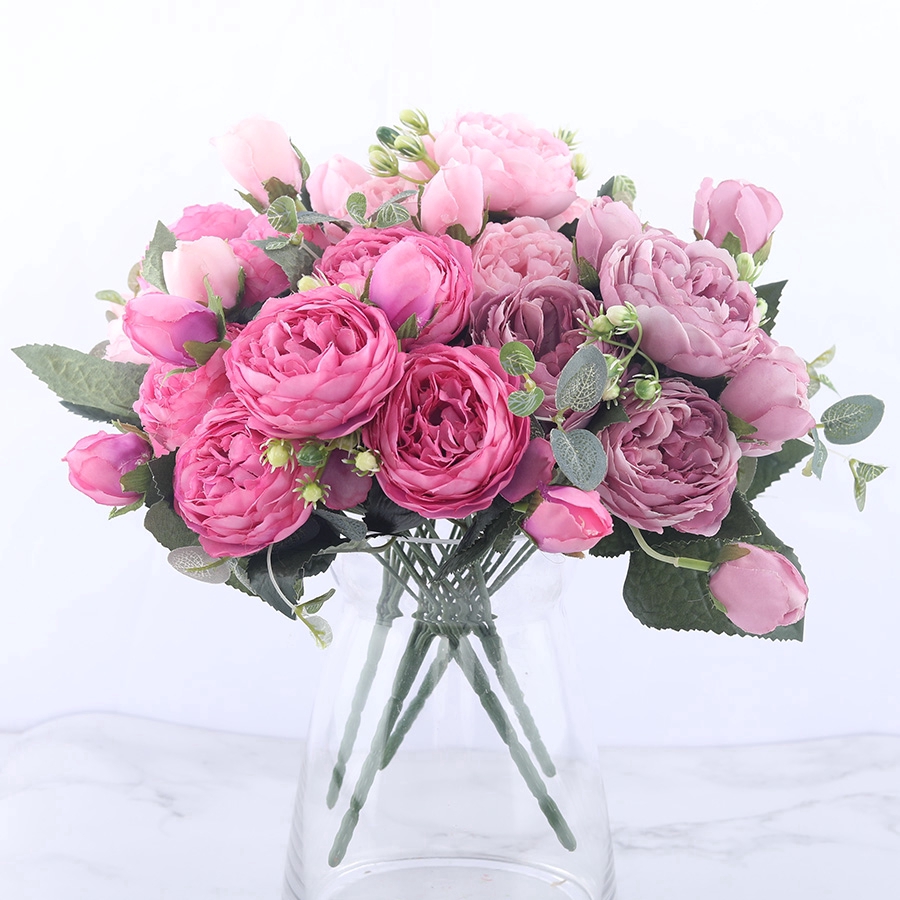Silk Peony Artificial Flowers Bouquet, 30cm 5 Heads Fake Flowers For Wedding Party Home Decoration