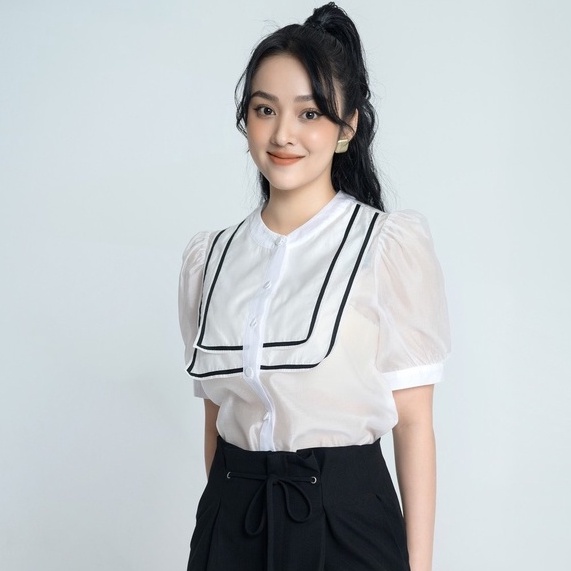 Áo Sơ Mi Công Sở Nữ HeraDG Thiết Kế Tay Bồng Cổ Tròn Đính Nơ, Chất Vải Tơ Nhật Cao Cấp SAKBA076