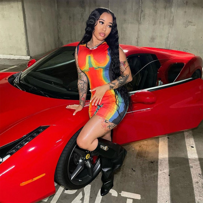 Đầm không tay dáng ôm Cổ Tròn In Họa Tiết Cầu Vồng 3D Thời Trang Quyến Rũ Cho Nữ