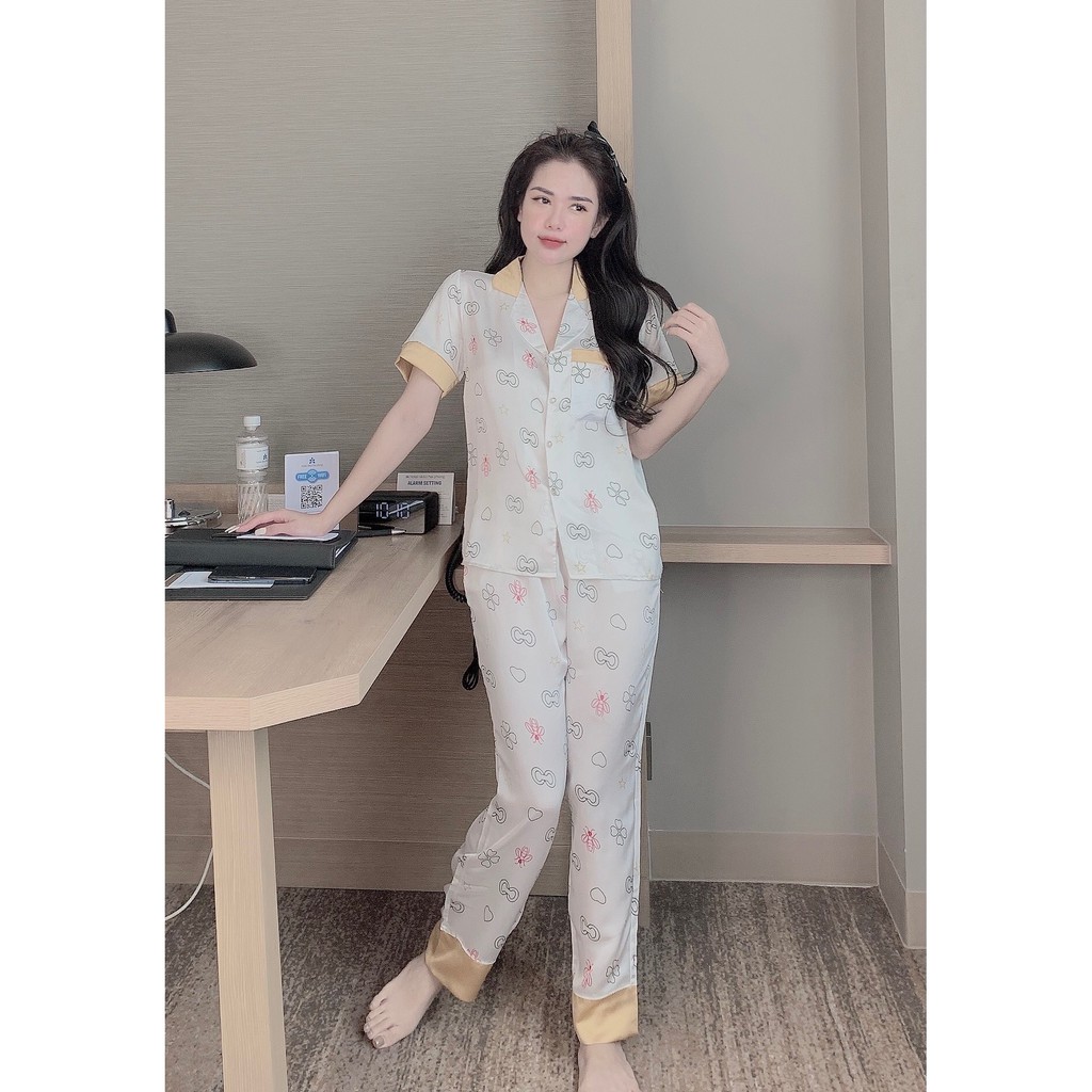 Đồ Bộ Pijama Lụa Tay Ngắn Quần Dài 🔥FREESHIP🔥 Bộ Mặc Ở Nhà Quần Dài Họa Tiết Sang Chảnh BN9.1