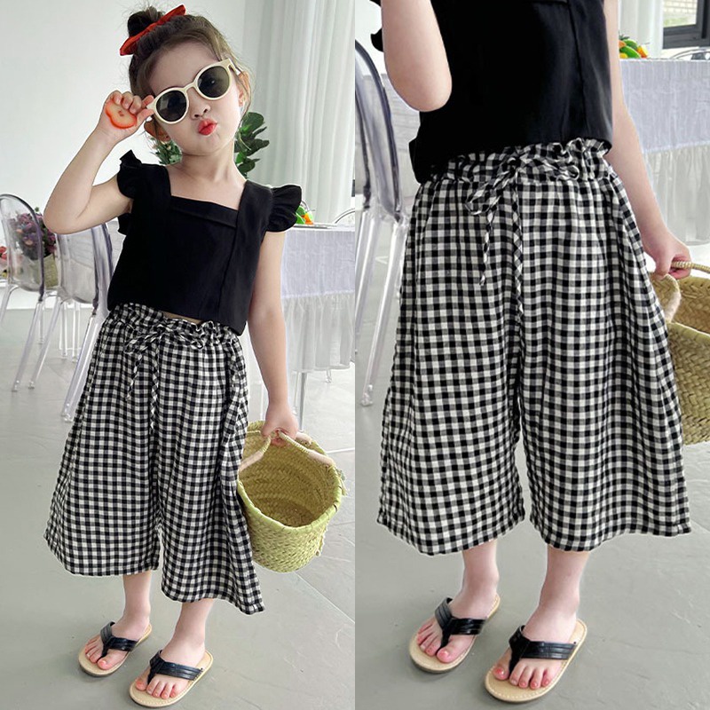 Set Áo Cổ Vuông Tay Cánh Tiên Màu Đen + Quần Dài Lưng Thun Phong Cách Hàn Quốc Dễ Thương Cho Bé Gái