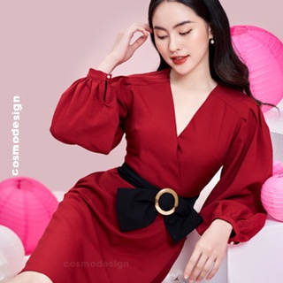 Váy ôm đỏ COSMO DESIGN xếp ly vai đai nơ đen eo (10104)