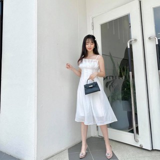 [vải loại 1] Váy đầm nữ 2 dây xòe xếp li dự tiệc màu trắng dễ thương