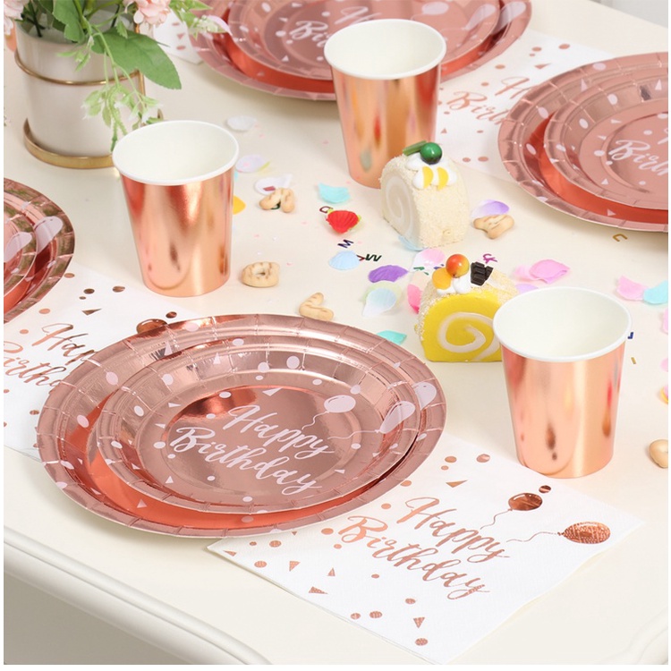 Set đĩa/ cốc/ khăn giấy màu vàng hồng dùng một lần cho tiệc cưới/ sinh nhật