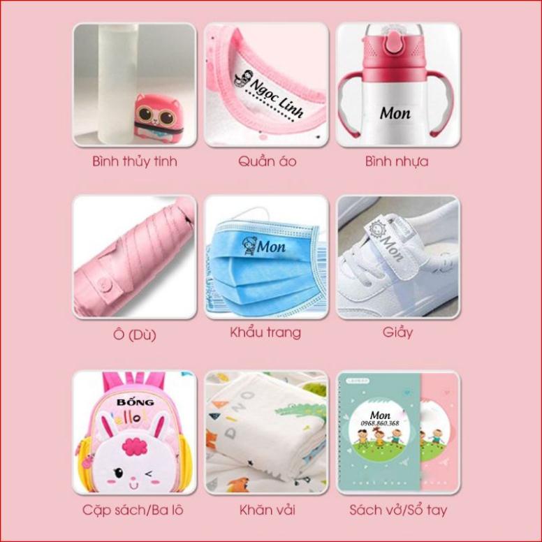 Con dấu In tên lên quần áo, đồ dùng cá nhân. Mực in trên mọi chất liệu không phai trong nước.