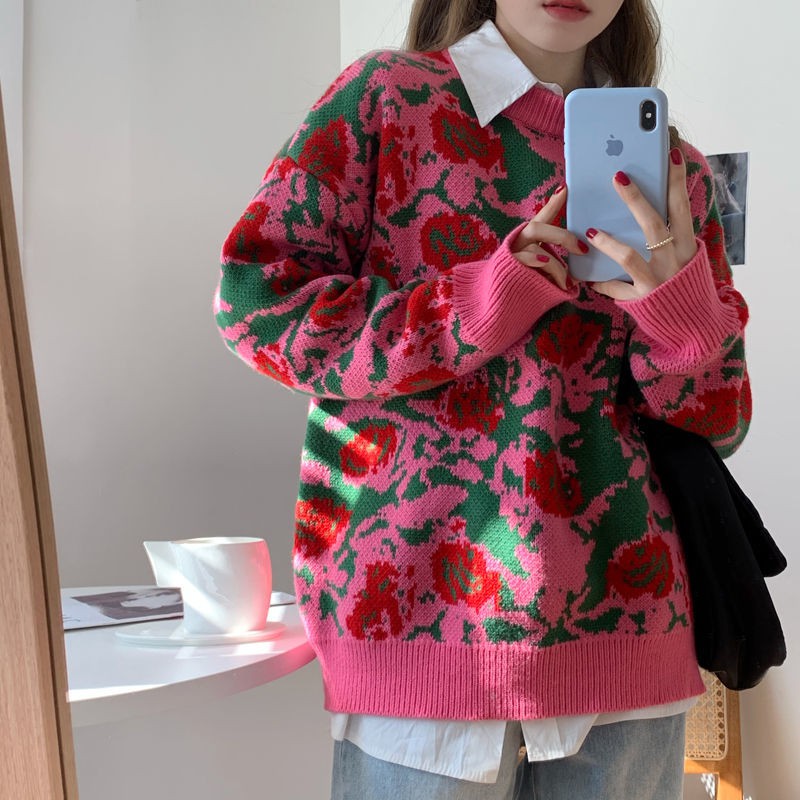 Áo Sweater Chui Đầu Dáng Rộng In Hoa Hồng Kiểu Retro Phương Tây Thời Trang Thu Đông Cho Nữ 2021