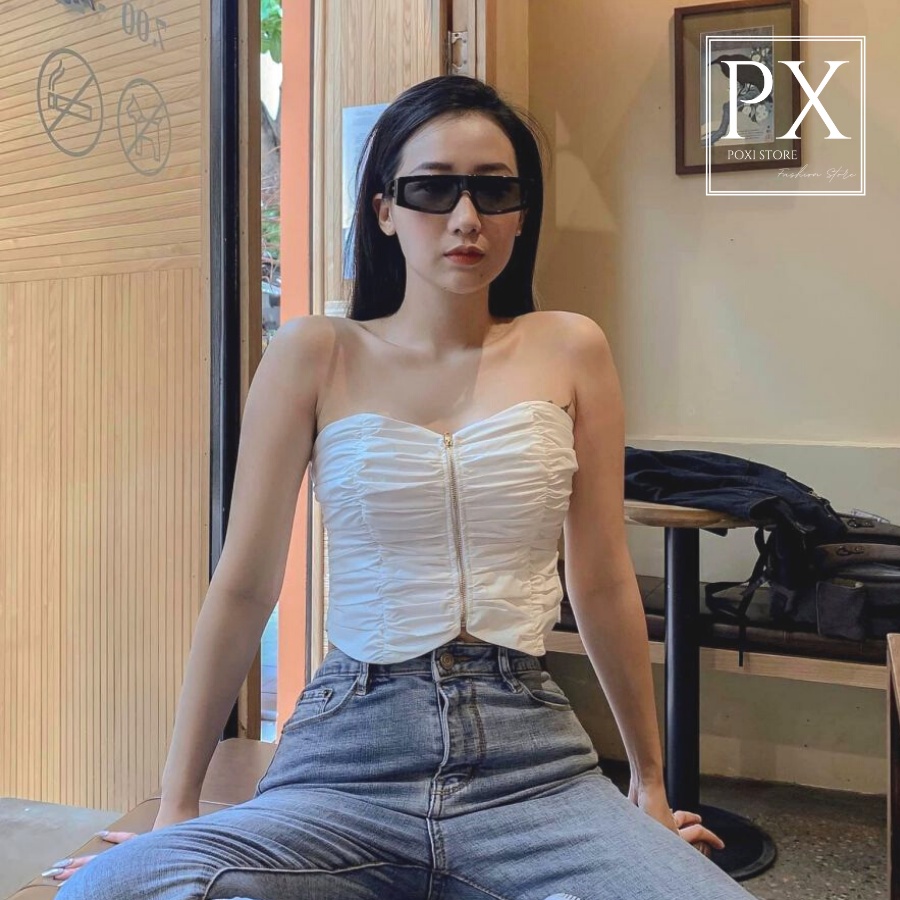 Áo Ống Nhún Thân Dây Kéo Đồng (TRẮNG)