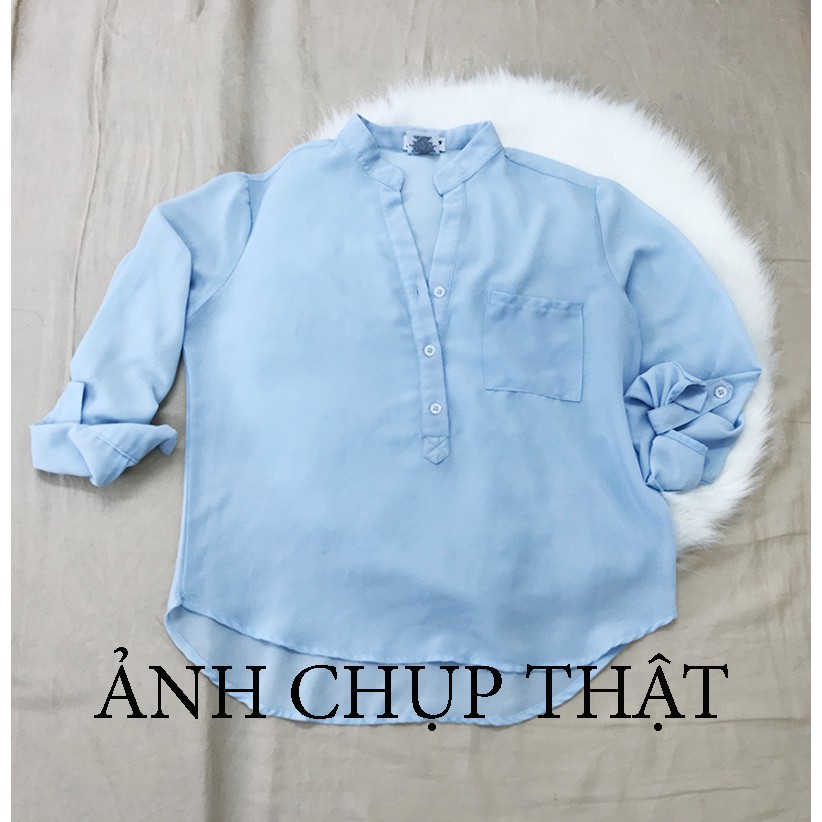 Áo sơ mi nữ hoa nhí cổ V tay lửng vạt dài size S chất lanh - ẢNH CHỤP THẬT