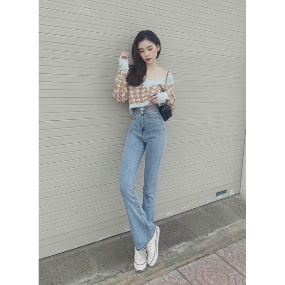 quần jean loe xanh cạp cao 2 cúc