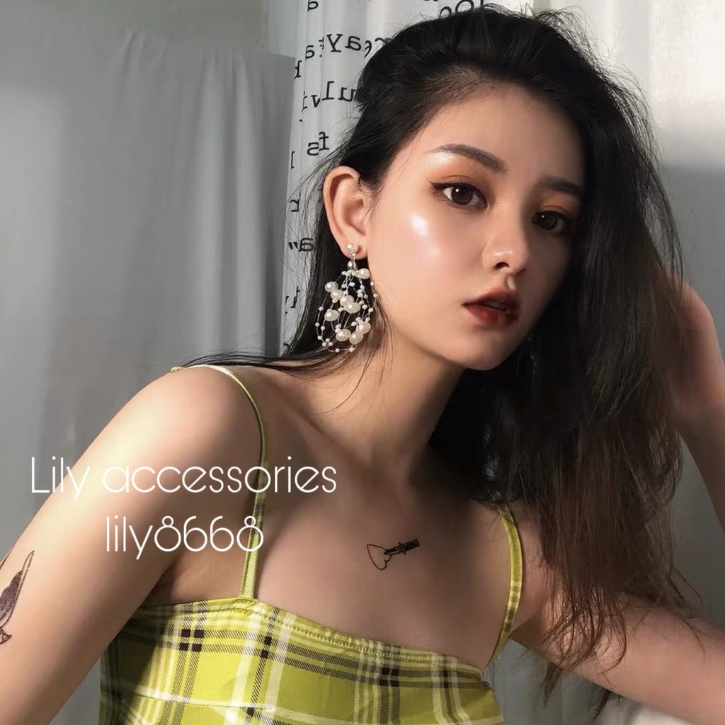 khuyên tai hoa tai ngọc trai nhân tạo tua rua dài phong cách Hàn Quốc sang chảnh