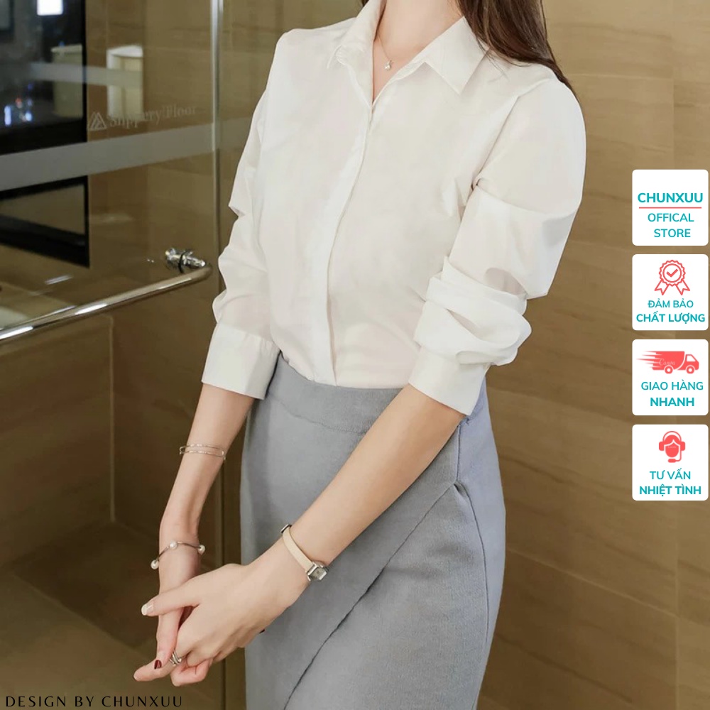 Áo sơ mi nữ đẹp tay dài công sở màu trắng kiểu Hàn Quốc form rộng chất lụa cao cấp Chun-SM01
