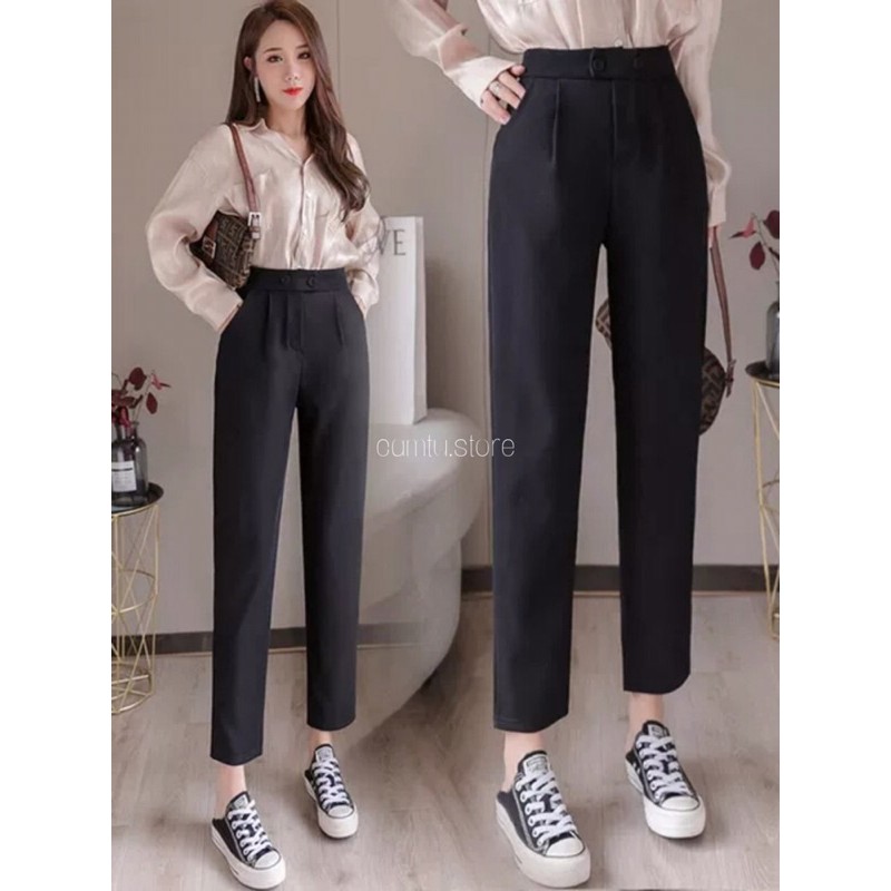 Quần tây công sở nữ lưng cao ống đứng màu đen Quần baggy nữ bigsize 2 cúc chuẩn dáng dài vải mềm mại Mặc nhà đi học sinh | BigBuy360 - bigbuy360.vn