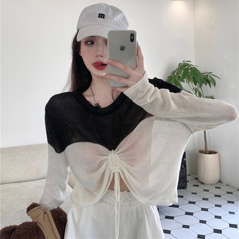 Áo Sweater Dệt Kim Dáng Ngắn Phối Dây Rút Kiểu Hàn Quốc Thời Trang Mùa Thu Cho Nữ