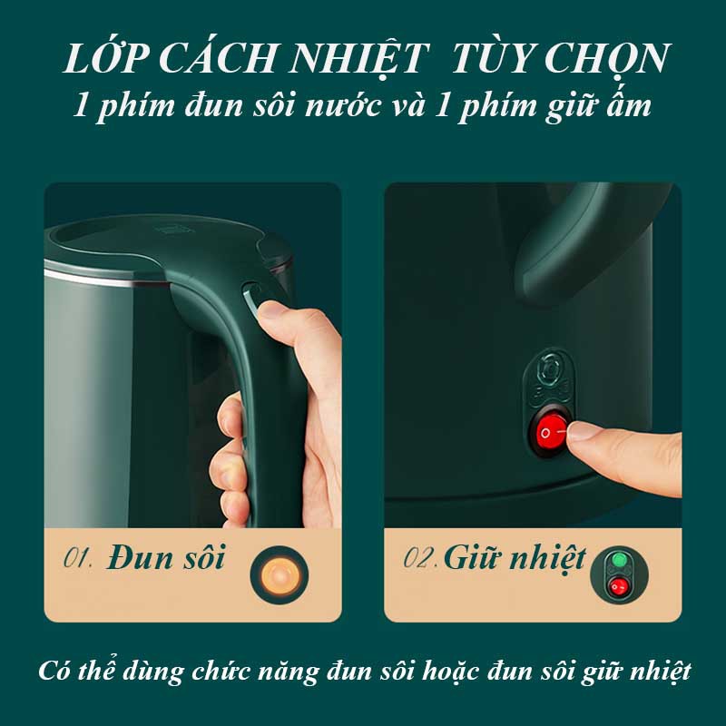 Ấm siêu tốc giữ nhiệt - Bình đun nước giữ nhiệt inox 304 đa năng dung tích 1.8L công suất 1500W - TB26