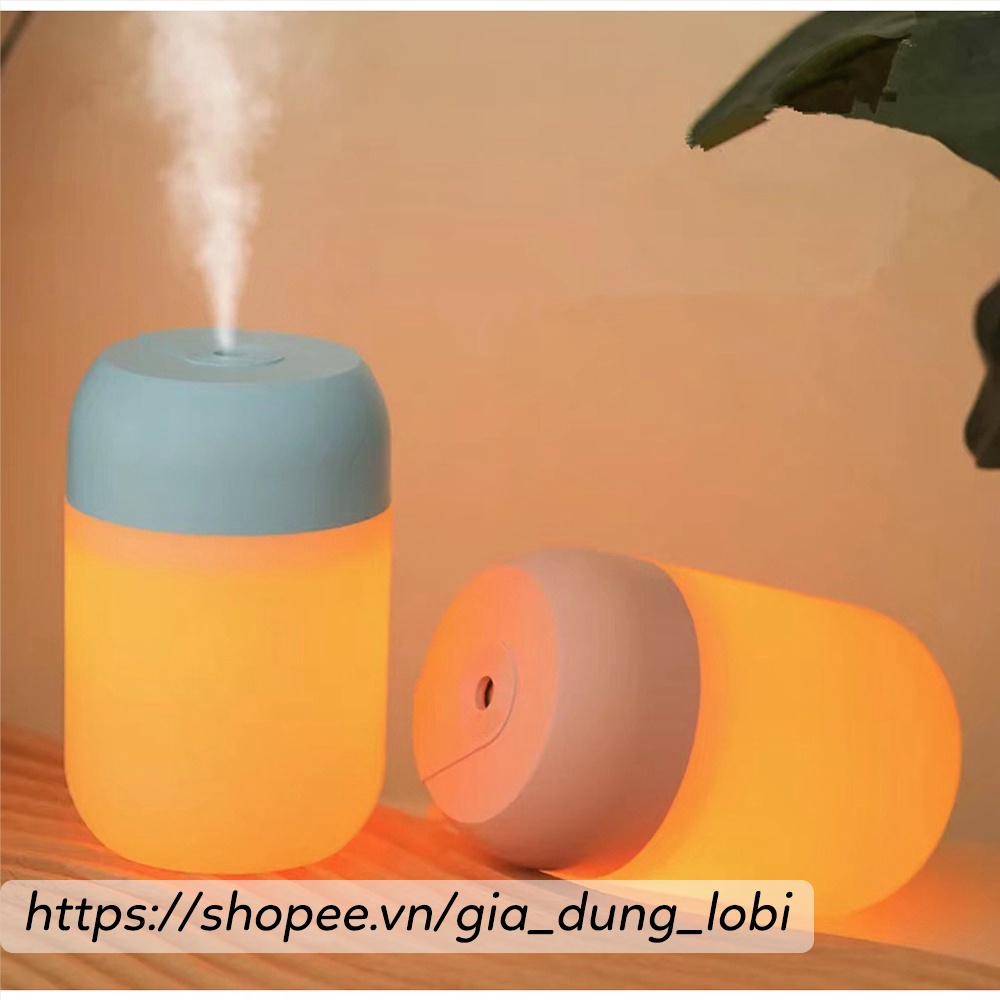Đèn xông tinh dầu phun sương Máy phun sương mini tạo ẩm có đèn led màu vàng ấm cắm USB dung tích 300ml