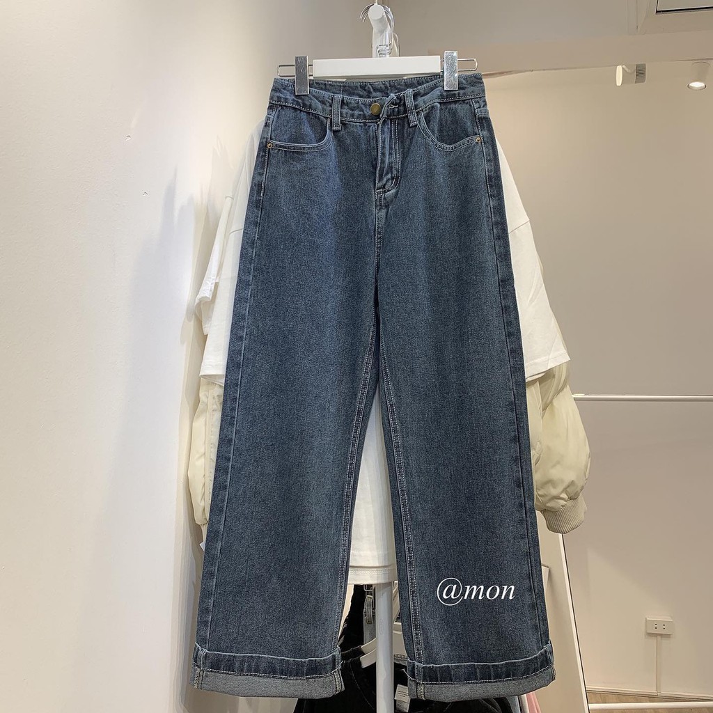2101347 Quần jeans nữ quần ống rộng dáng suông ulzzang màu xám xanh có size | BigBuy360 - bigbuy360.vn