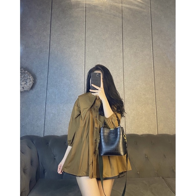 [Ảnh Thật] Áo Nữ Sơmi Babydoll Thô Mềm Cổ Bèo Nhọn 2 Màu [LanHin90] | BigBuy360 - bigbuy360.vn