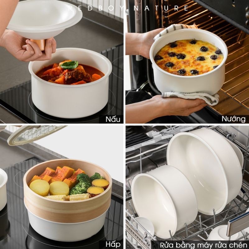 Bộ Nồi Chảo Chống Dính Men Đá Kèm Xửng Hấp KimsCook Tay Cầm Tháo Rời - ( Sử Dụng Được Bếp Từ, Máy Rửa Chén )