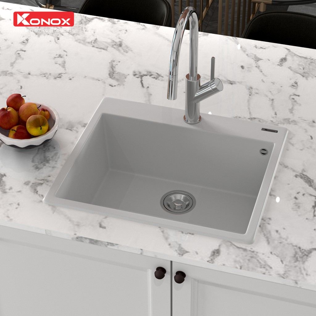 Chậu rửa bát đá KONOX Granite Series Ruvita 680 White Silver, Made in Italy, Full set gồm Siphon + Giá úp bát inox