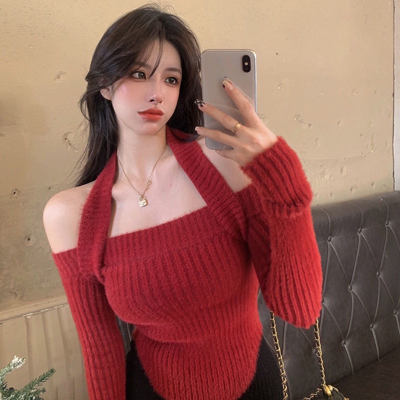 Áo Dệt Kim Trễ Vai Dáng Ôm Thời Trang Mùa Đông Quyến Rũ Cho Nữ