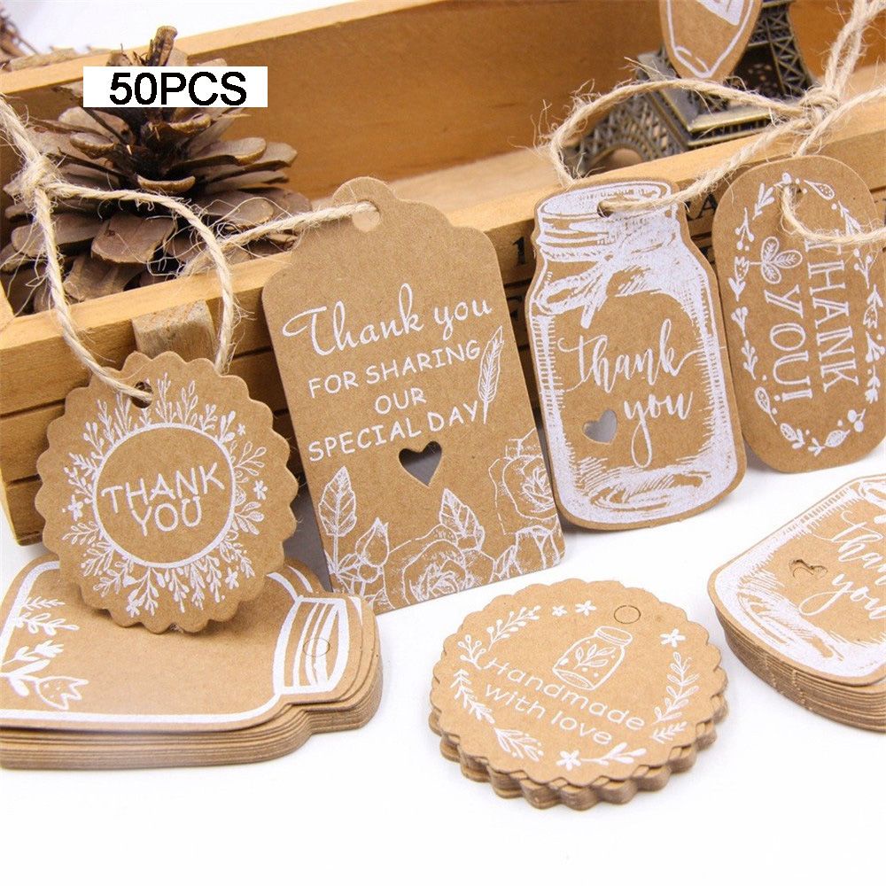 Bộ 50 thẻ giấy kraft nhiều kiểu dáng kèm dây đa năng trang trí túi quà diy