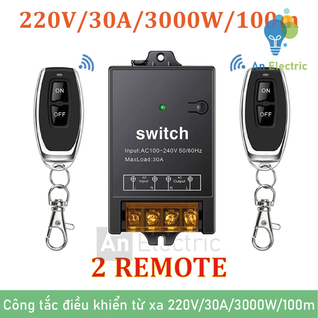 Công tắc điều khiển từ xa 220V/30A/3000W 100m bật tắt cho máy bơm, quạt, thiết bị điện - Bộ 2 Remote