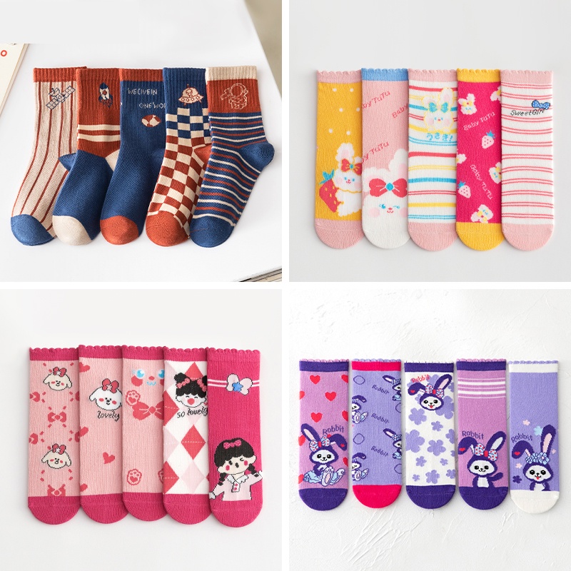 Set 5 Đôi Vớ Cotton Thoải Mái Chất Lượng Cao In Họa Tiết Động Vật Hoạt Hình Cho Bé Từ 1-12 Tuổi