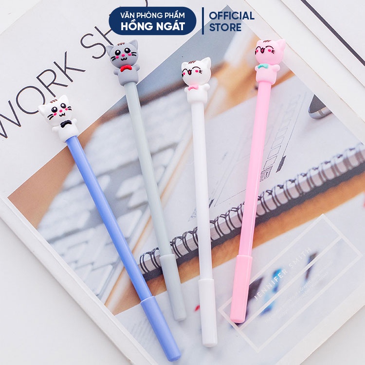 Bút bi cute mèo đeo nơ, bút bi nước mực gel đen ngòi 0.5mm nhiều màu dễ thương đồ dùng học tập B13