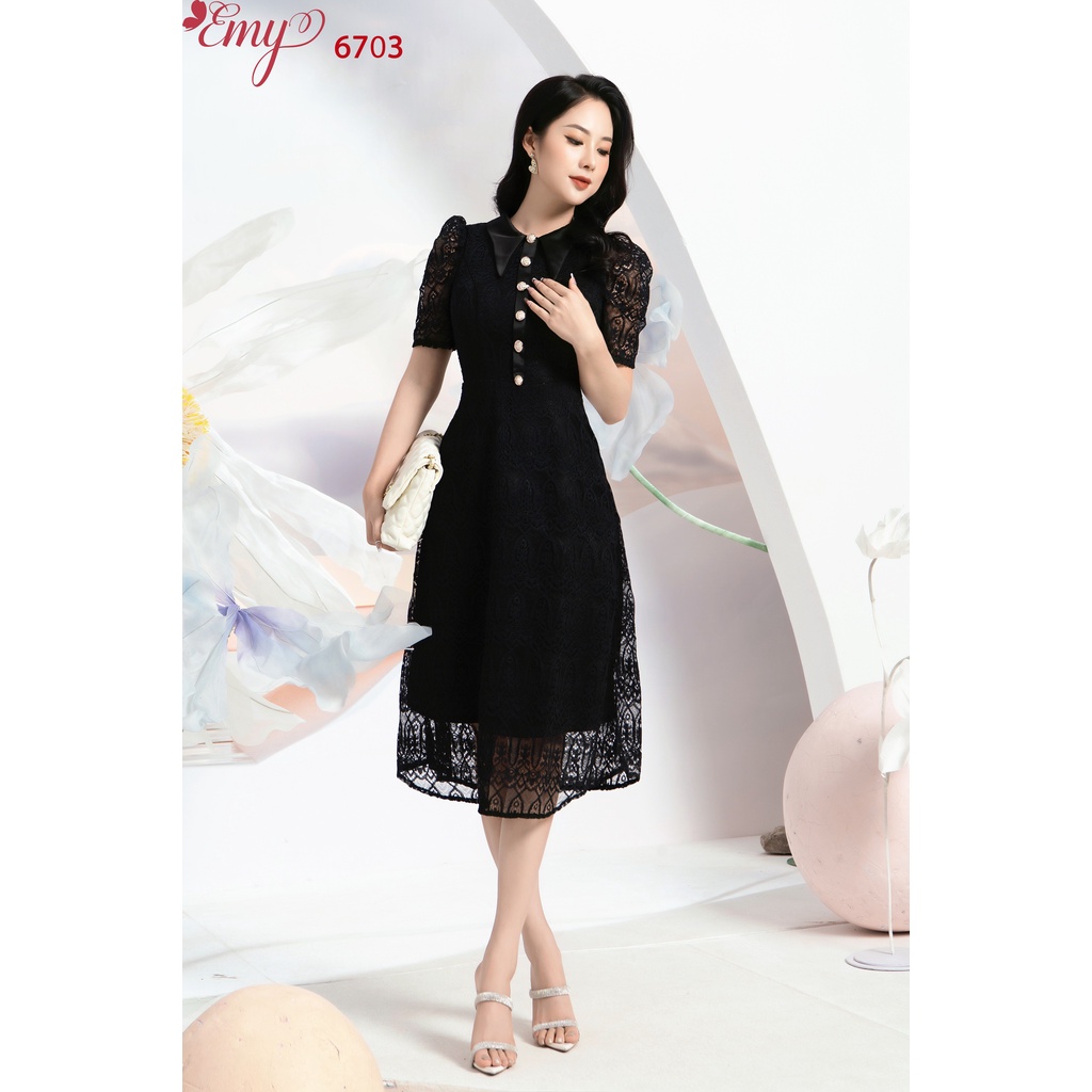 Đầm EMY EM6703 Ren Lá Cổ Bẻ Kết Nút