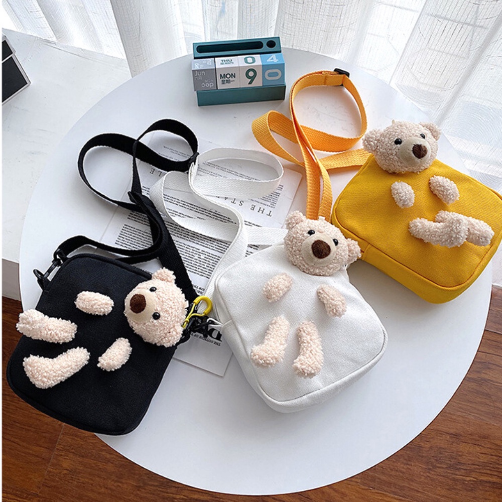 Túi đeo chéo hình gấu dễ thương chất liệu vải canvas JP5