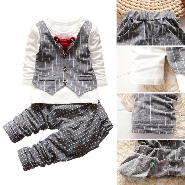 Bộ áo sơ mi giả vest dài tay họa tiết sọc + quần cotton thời trang cho bé trai