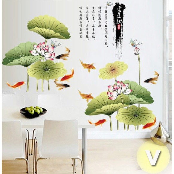 Decal dán tường Hoa sen thủy mặc