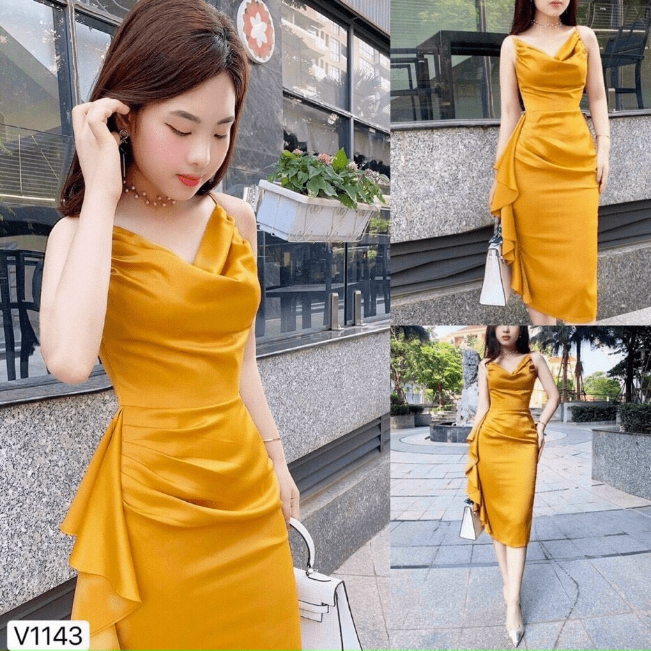 TBL-Ảnh thật Đầm xếp ly cổ đổ 2 dây ôm body màu vàng dự tiệc dạ hội thiết kế cao cấp qc22