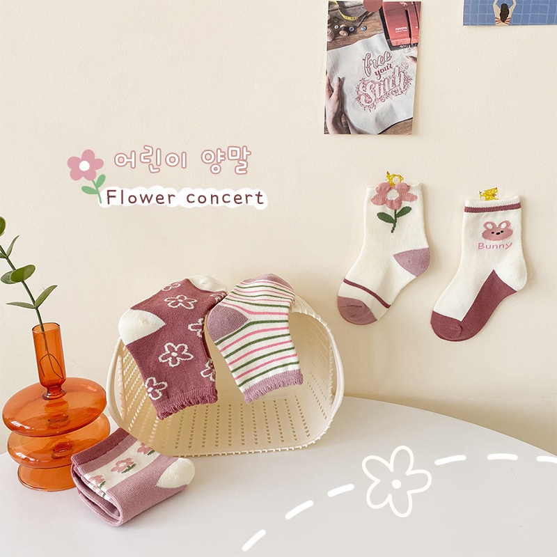 Set 5 tất KokoroCare MS-06 cotton hỗn hợp họa tiết hoa/ kẻ sọc/ màu tím/ thỏ dễ thương cho bé gái 1-8 tuổi size S/M/L