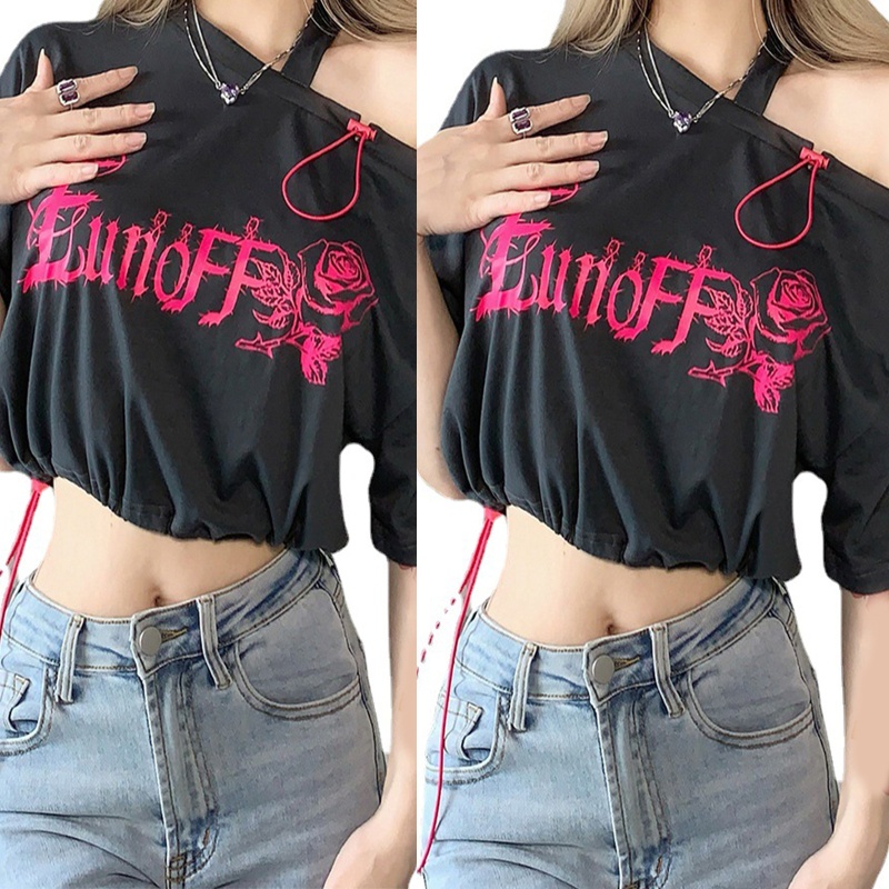 Áo Thun Crop Top Tay Ngắn Hở Vai In Chữ Và Hoa Hồng Phối Dây Rút Thời Trang Cho Nữ