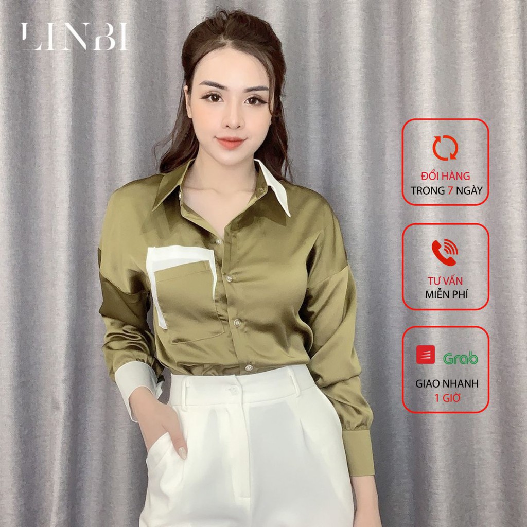 Áo sơ mi nữ dài tay LIIN CLOTHING đủ size, màu rêu phối cổ trắng sữa thanh lịch SM2808