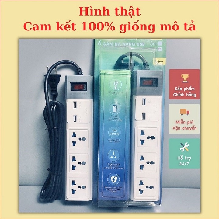 Ổ Cắm Điện Đa Năng Rạng Đông 2 Cổng USB, Sạc Nhanh 5V-2A, Ổ Điện Chịu Tải 2500W, Tích Hợp Rơ Le Tự Ngắt, Dây Nối Dài 3M