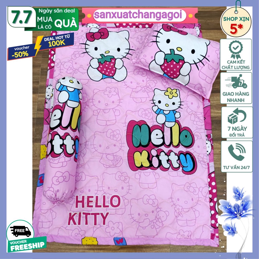 Bộ chăn gối cho bé đi học 3 món,gối nệm cho bé mầm non,hello kitty hồng