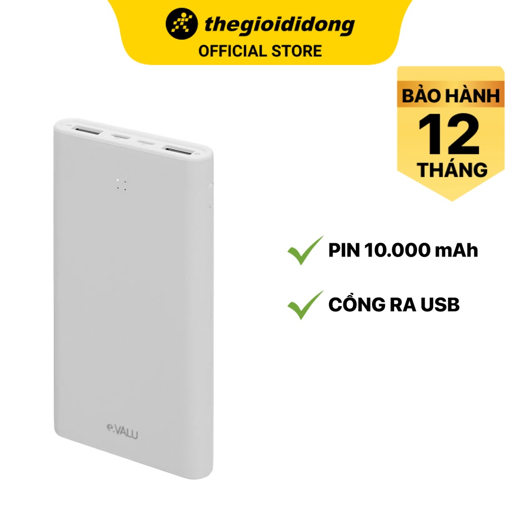 Pin sạc dự phòng eValu PJ JP189SL Trắng 10000mAh Lightning/2 cổng USB - Chính hãng