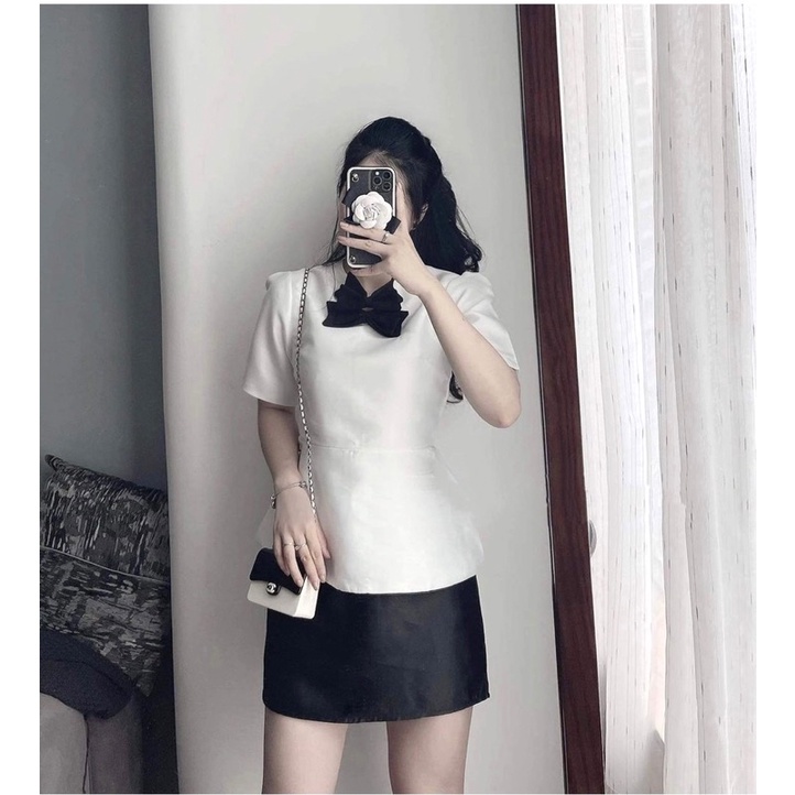 Áo peplum phối nơ nhung cao cấp kèm quần chân váy
